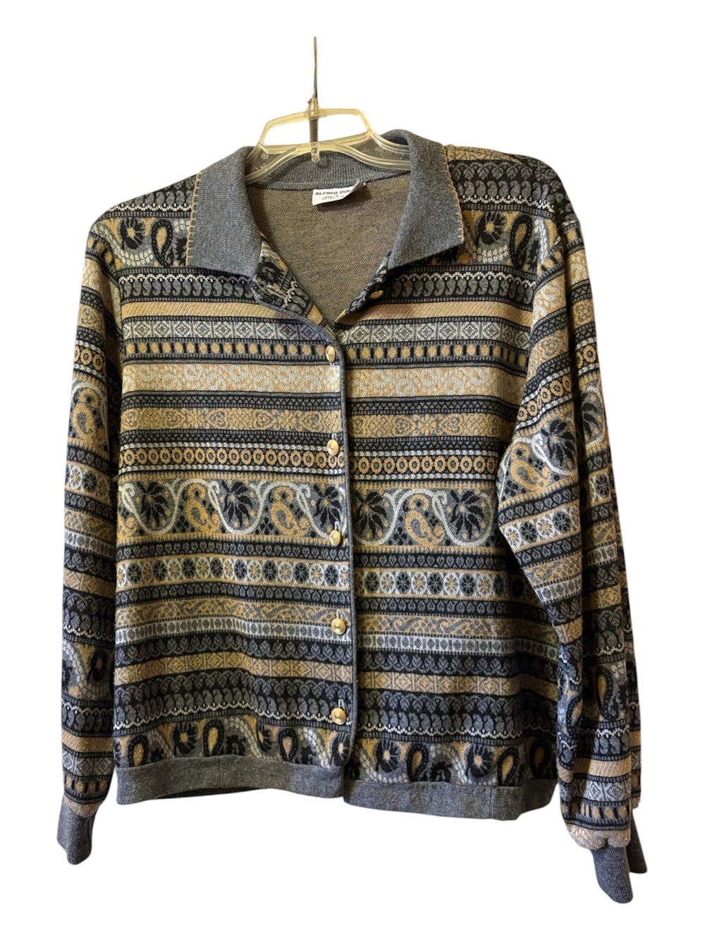 Alfred Dunner Gray and Gold Patterned Button-Front Cardigan